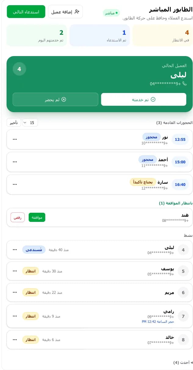 الطابور المباشر مع العميل الحالي والحجوزات القادمة وطلب بانتظار الموافقة وقائمة المنتظرين