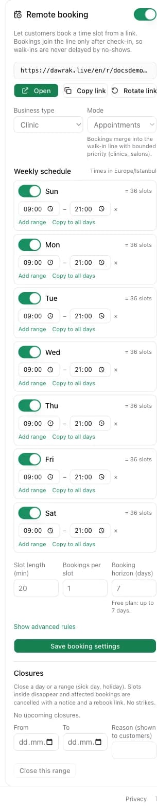 The remote booking card with the link, preset, mode, schedule, rules, and closures