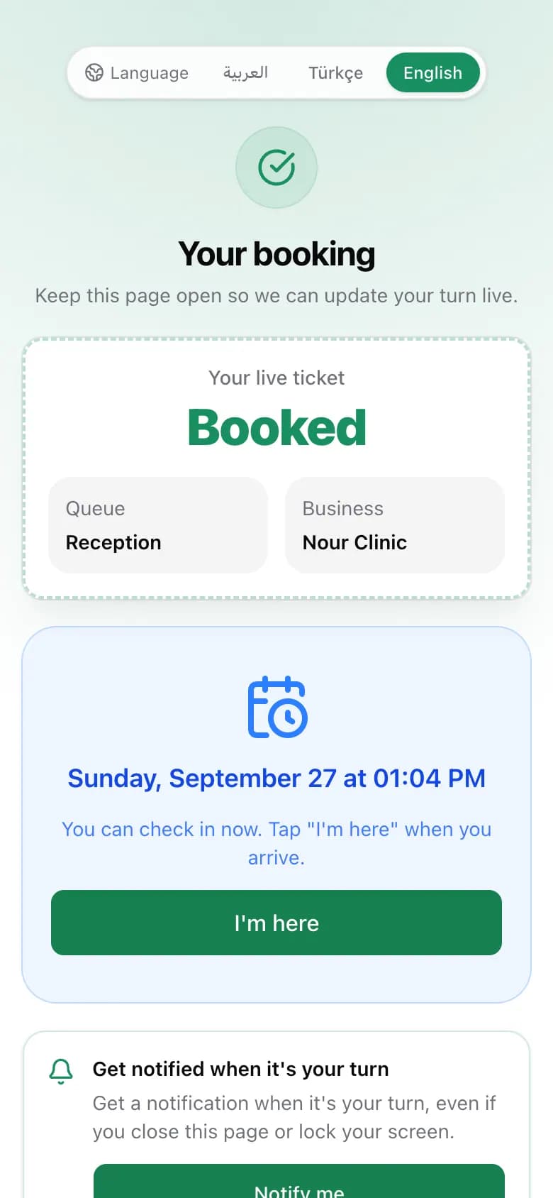 A booking page with the I'm here button