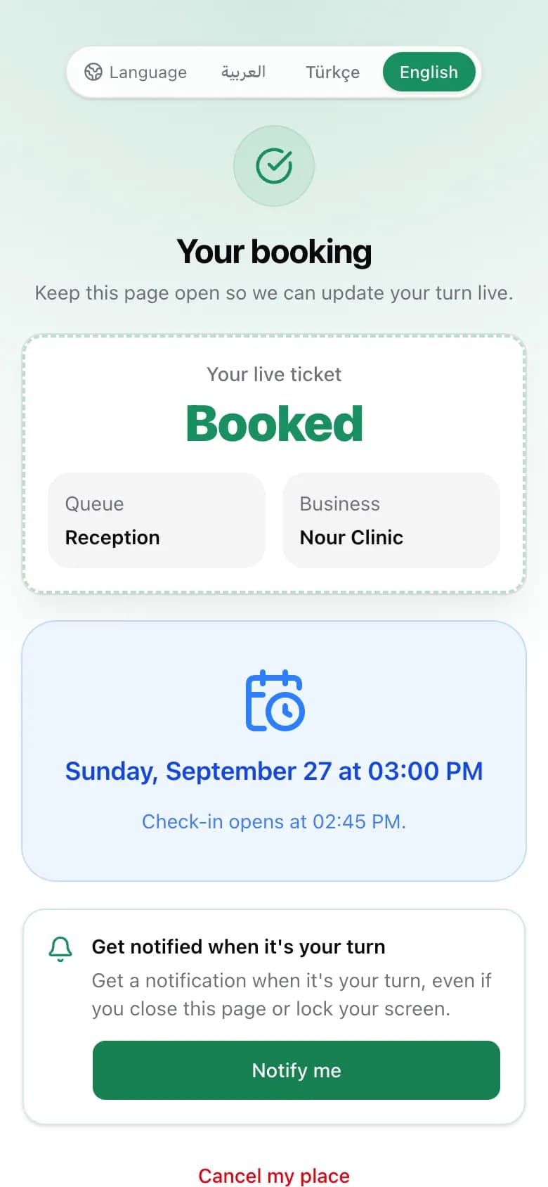 A booking page showing when check-in opens