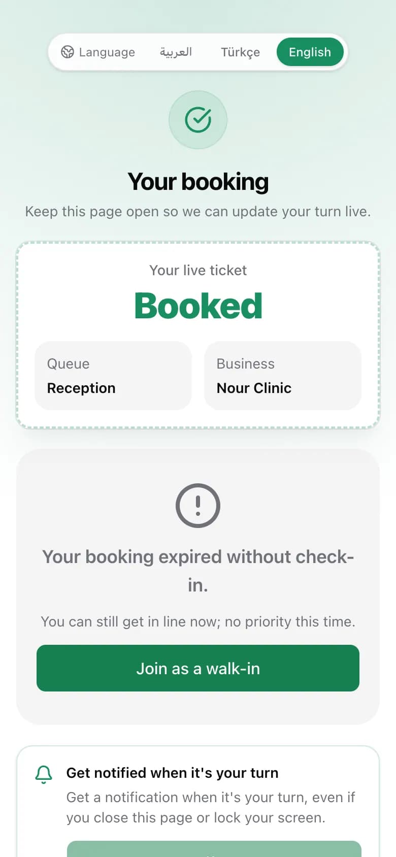 An expired booking with the Join as a walk-in button