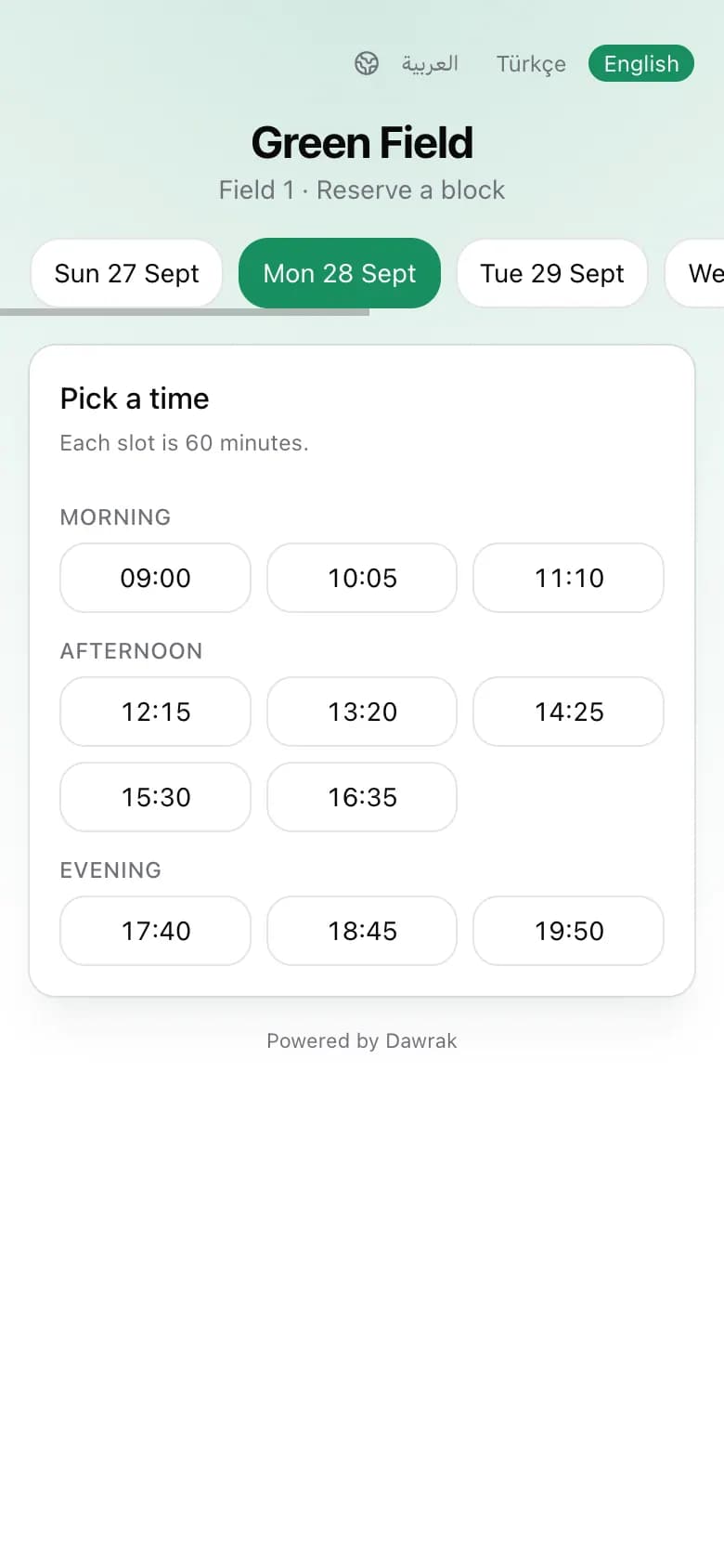 The reservation page with one-hour blocks