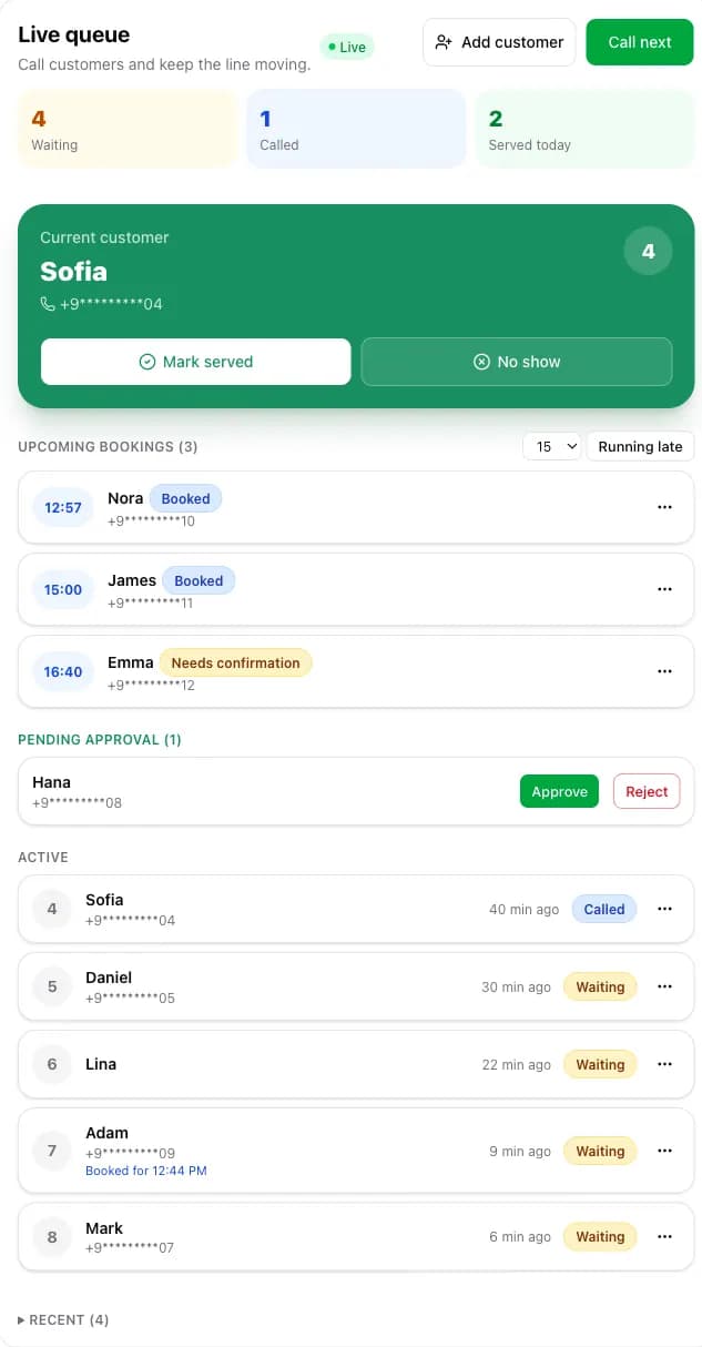 The live queue with the current customer, upcoming bookings, a pending request, and the waiting list