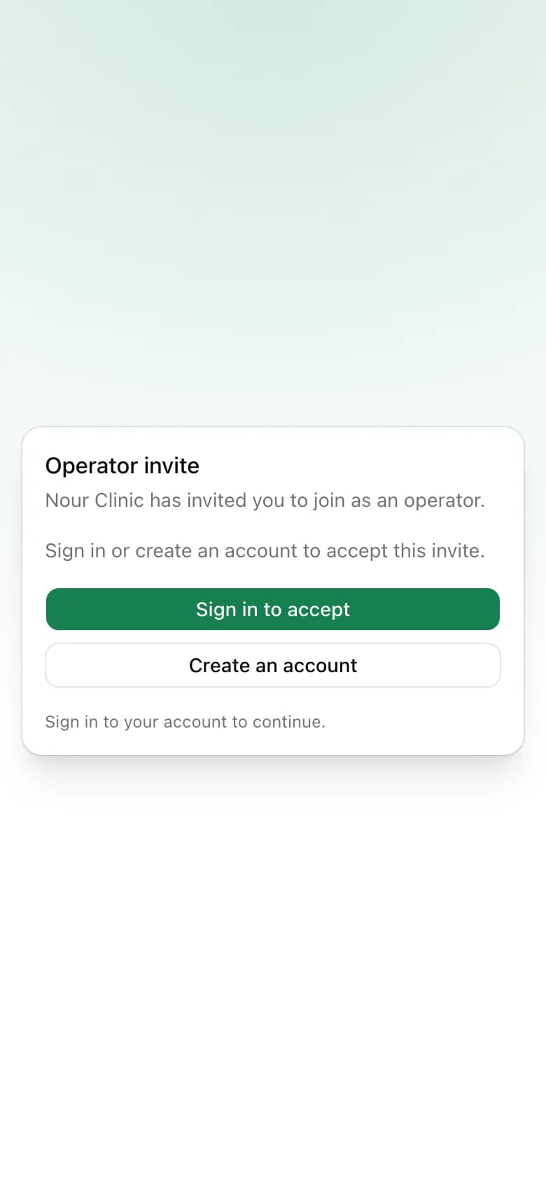The invite page asking the operator to sign in or create an account