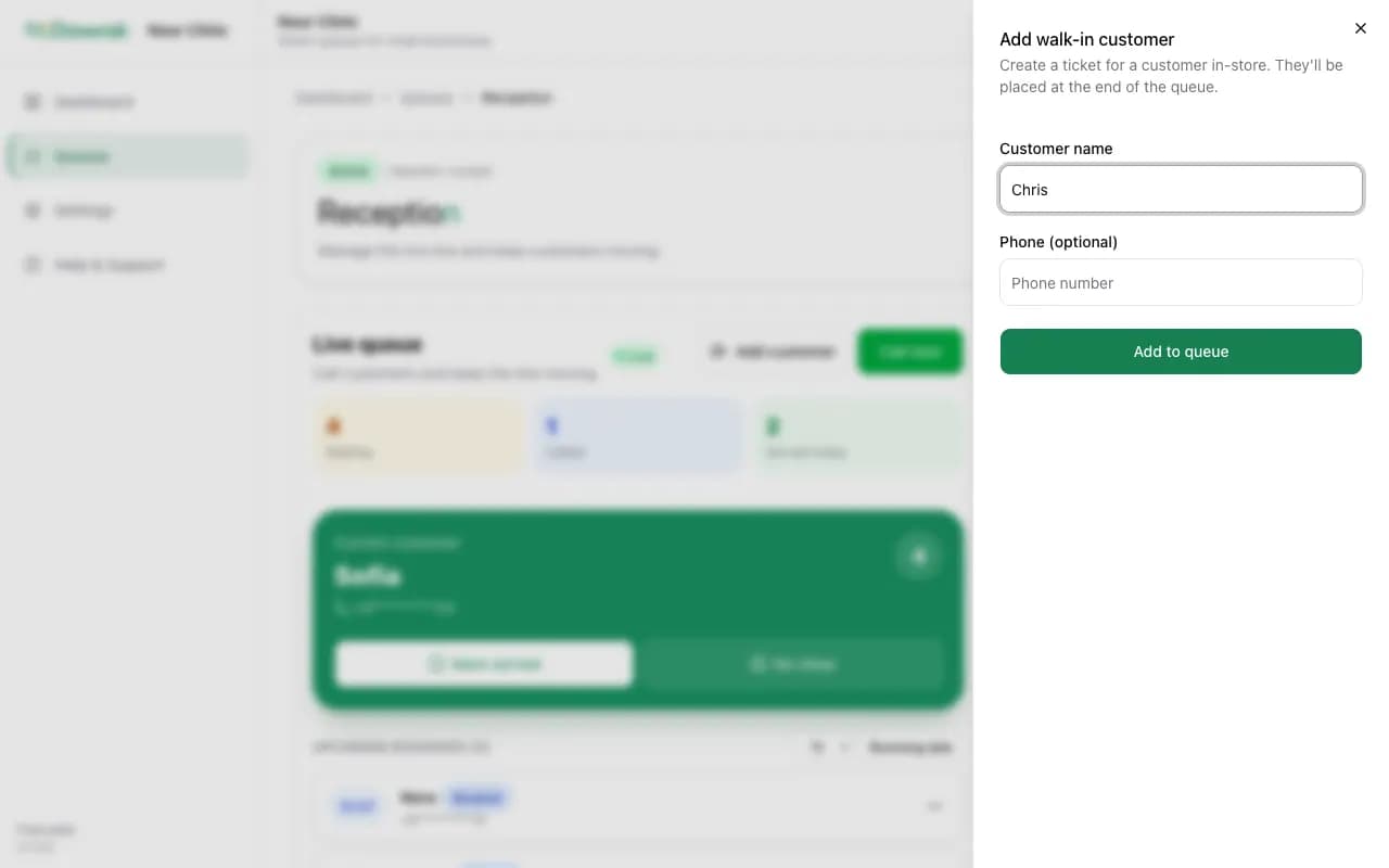 The add customer panel with a name filled in