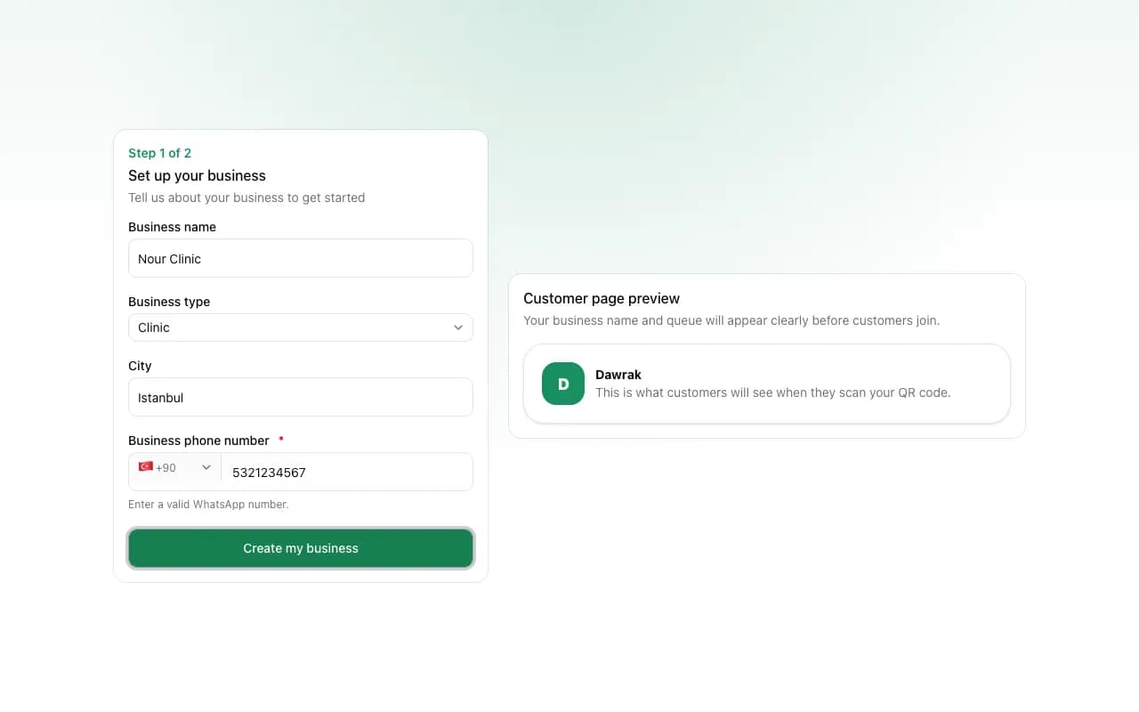 The business setup form with a live preview of the customer page