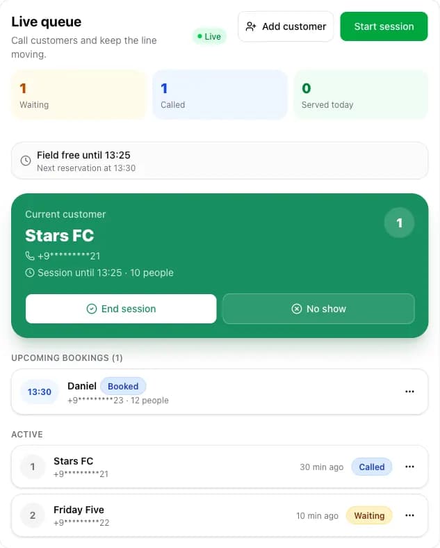 The live queue in reservation mode with the free-until strip and a running session