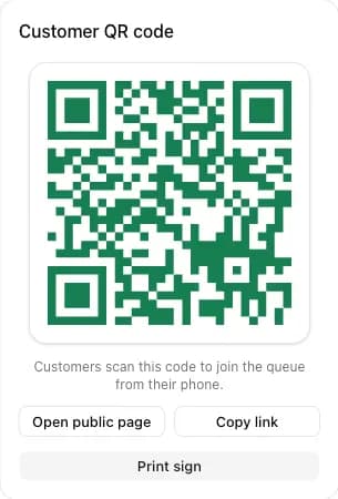 The customer QR code card with open, copy, and print buttons