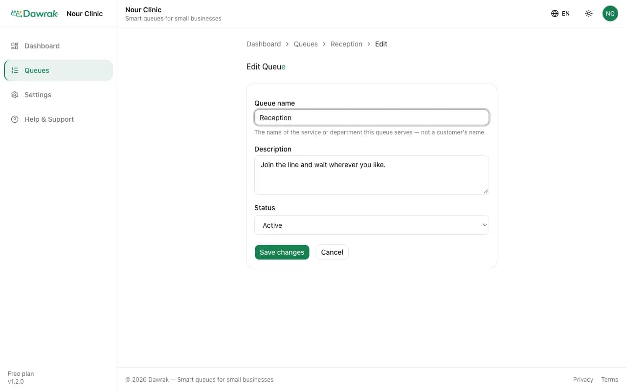 The edit queue form with the status field