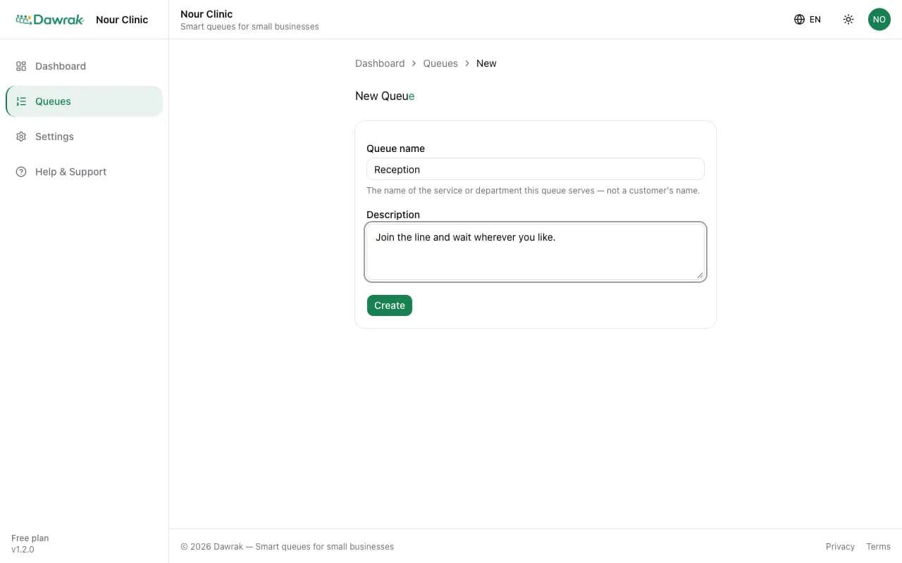 The new queue form with name and description