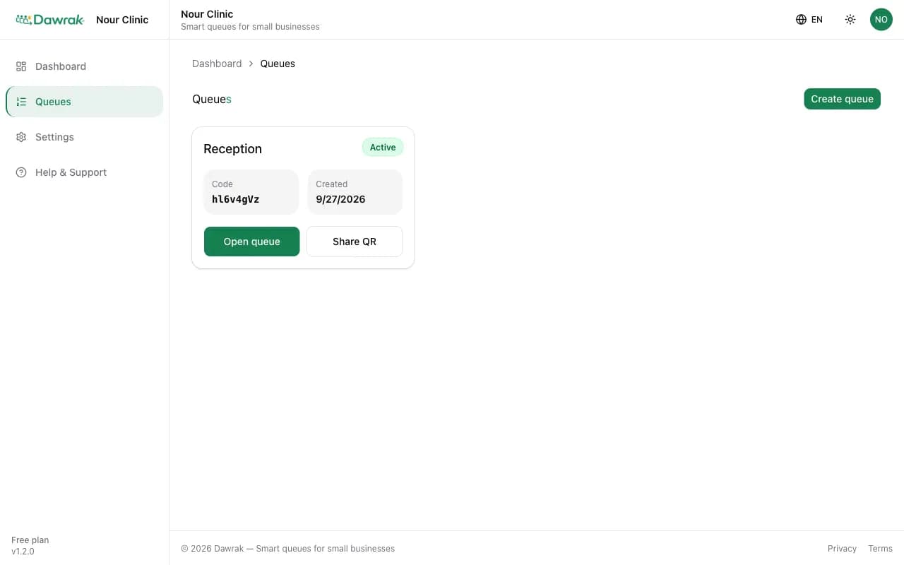 The queues list with one active queue