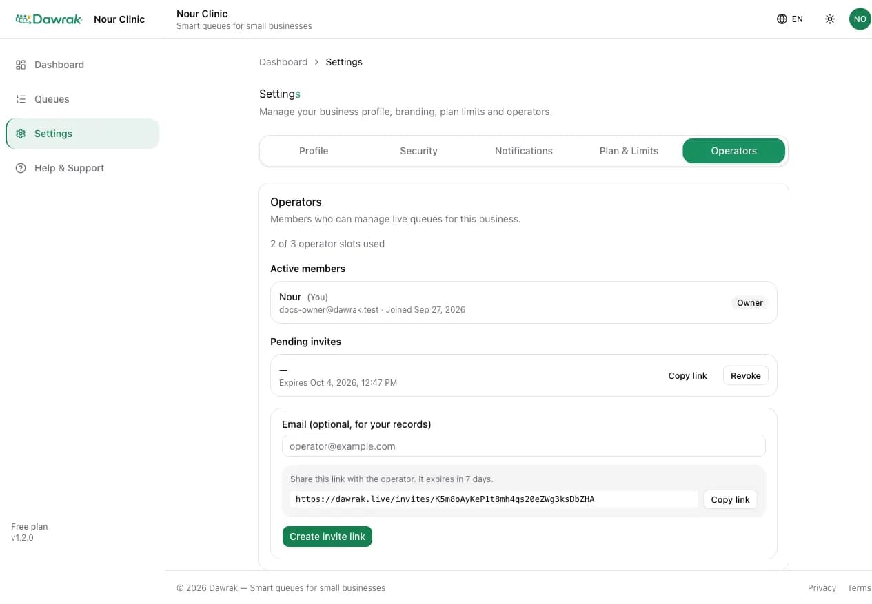 The operators page with members, a pending invite, and a new invite link