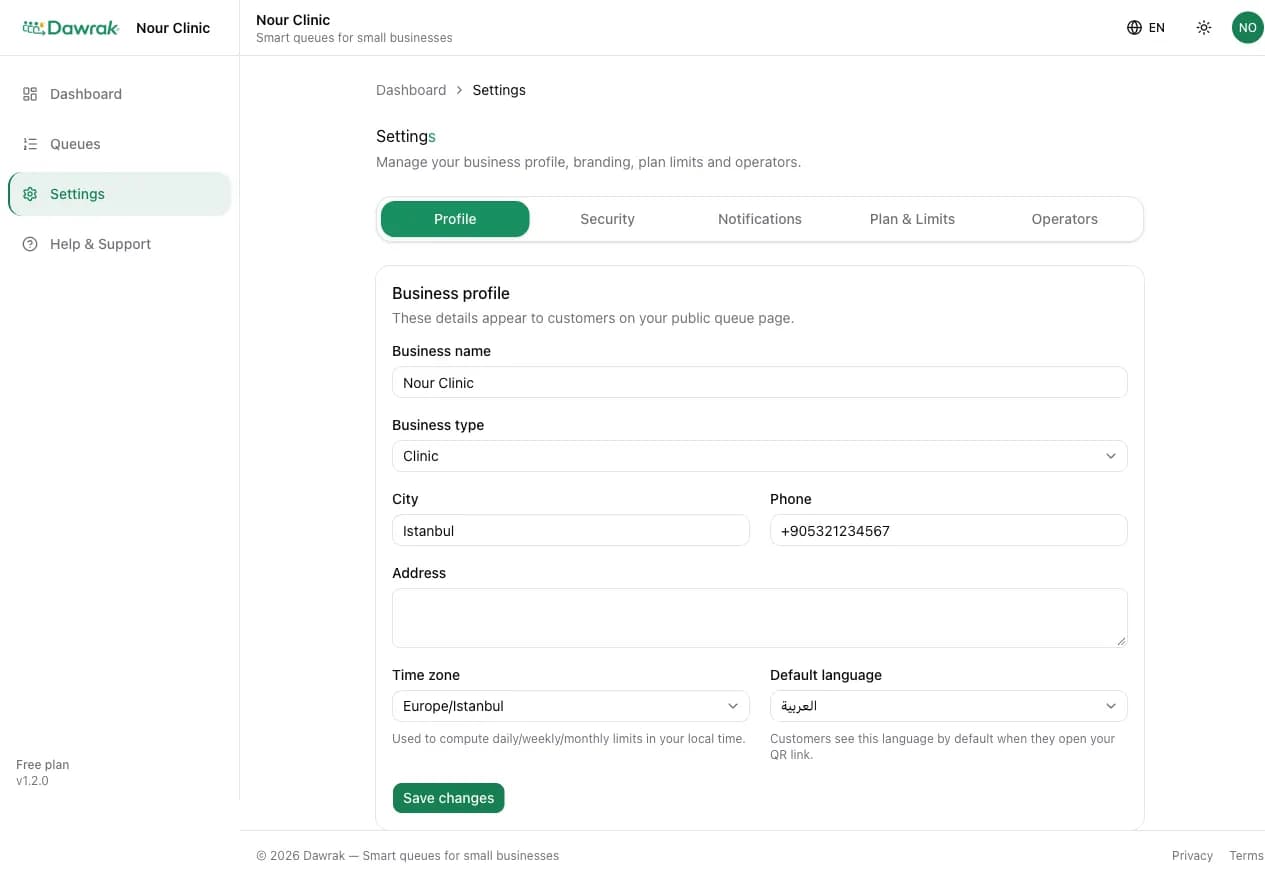 The business profile form
