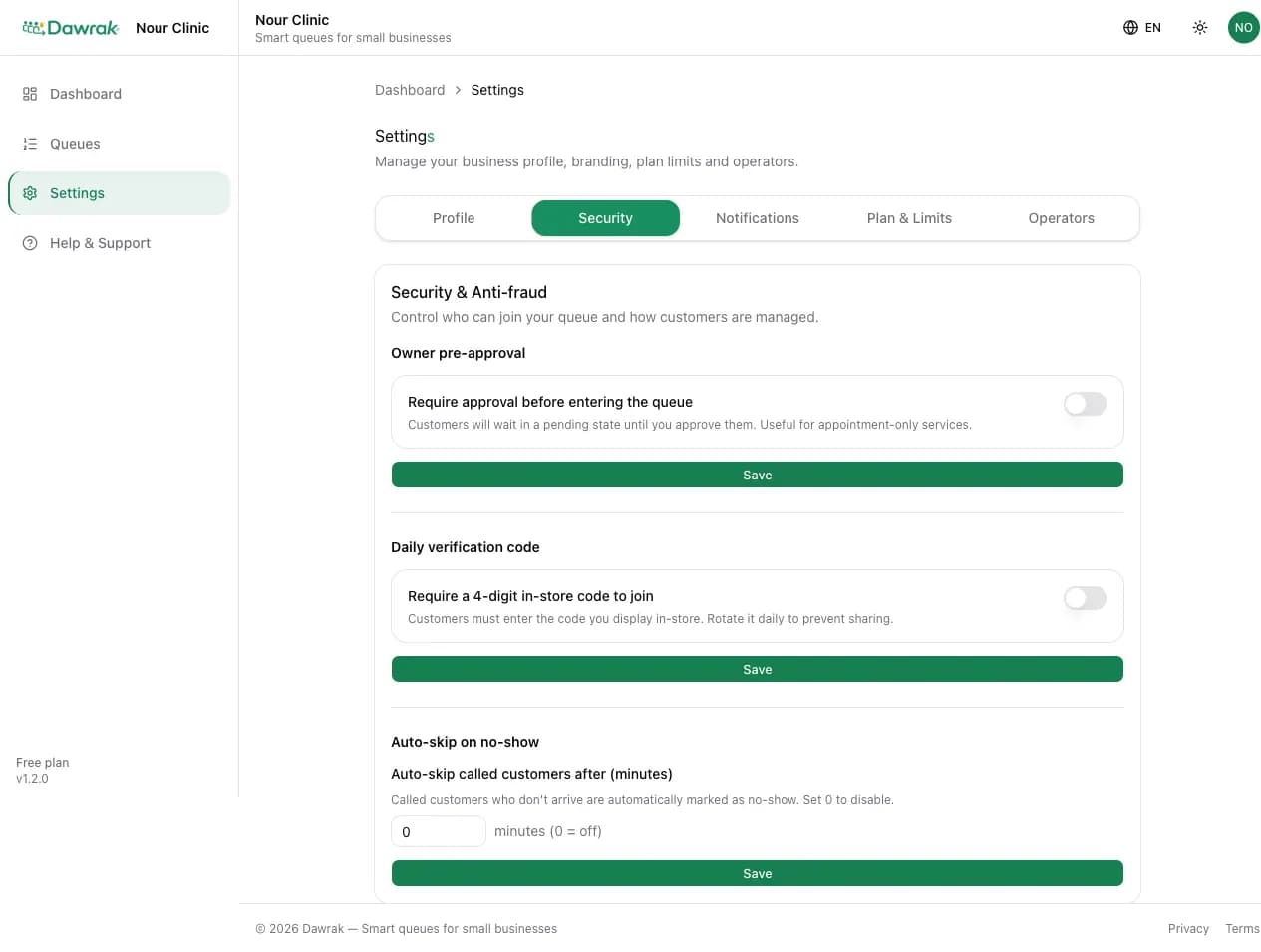 The security settings with approval, daily code, and auto-skip