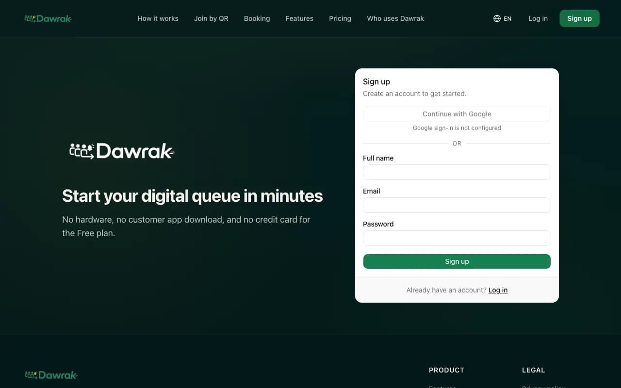 The Dawrak sign-up page with name, email, and password fields