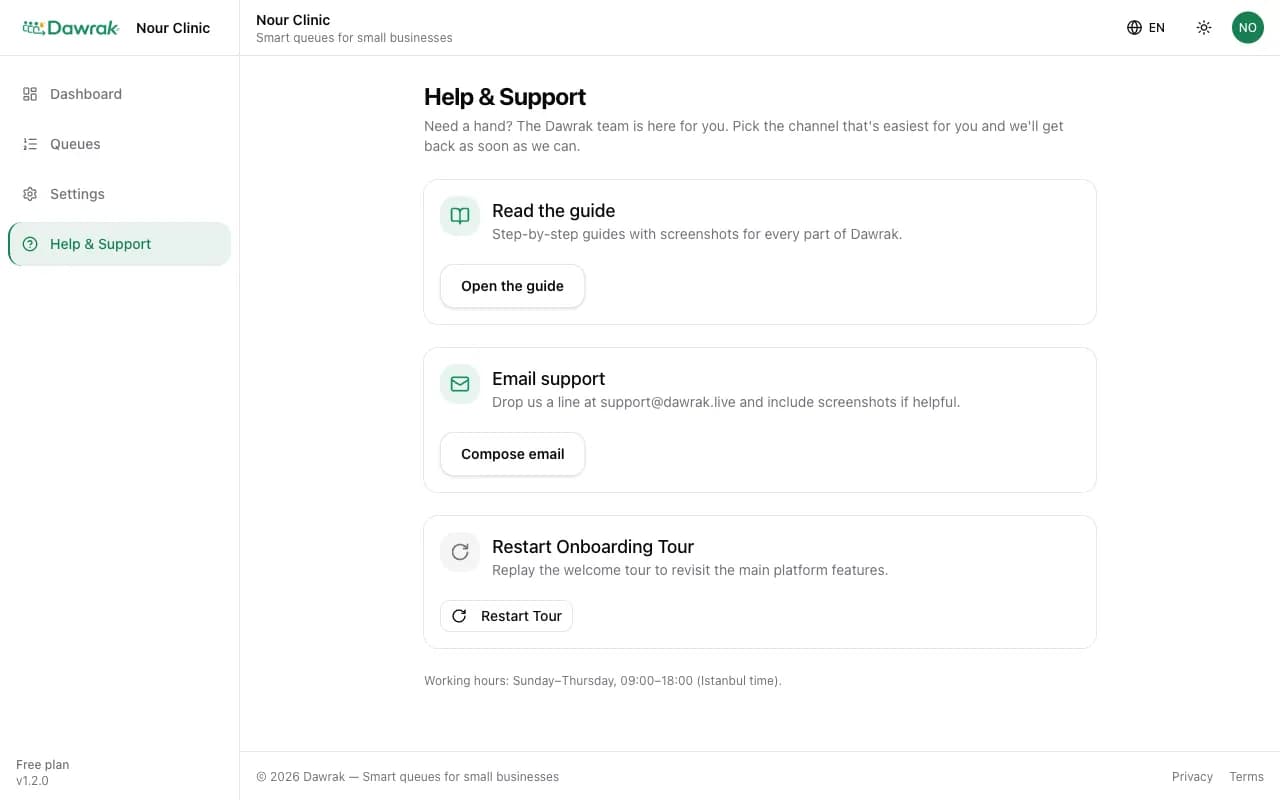 The help and support page
