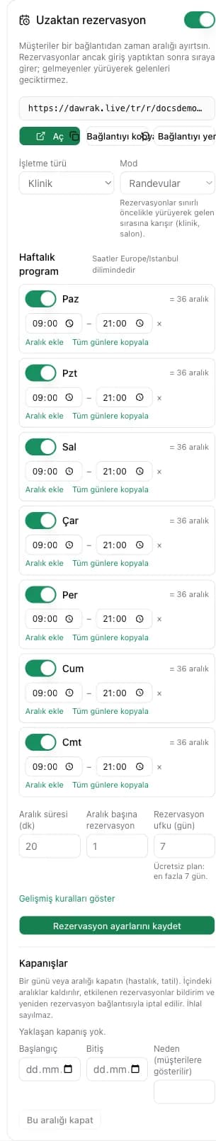 Bağlantı, hazır ayar, mod, program, kurallar ve kapanışlarla uzaktan rezervasyon kartı