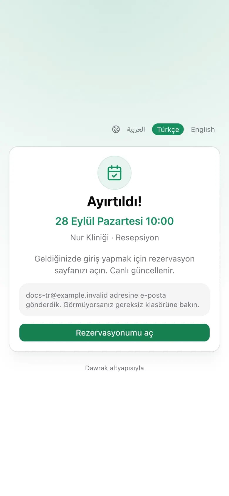Rezervasyon onay ekranı