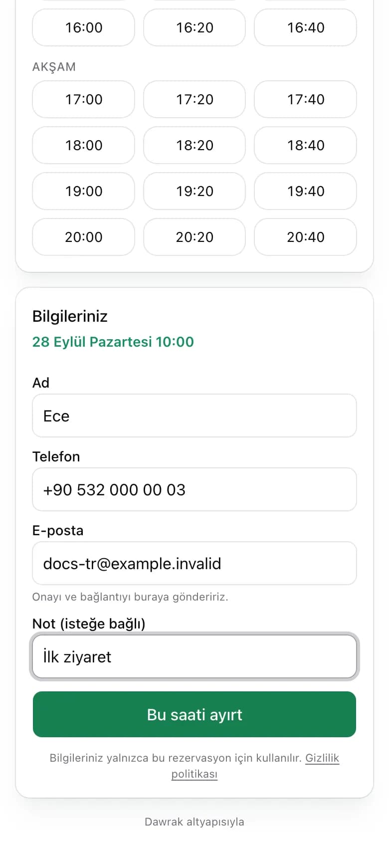 Ad, telefon, e-posta ve notla rezervasyon formu