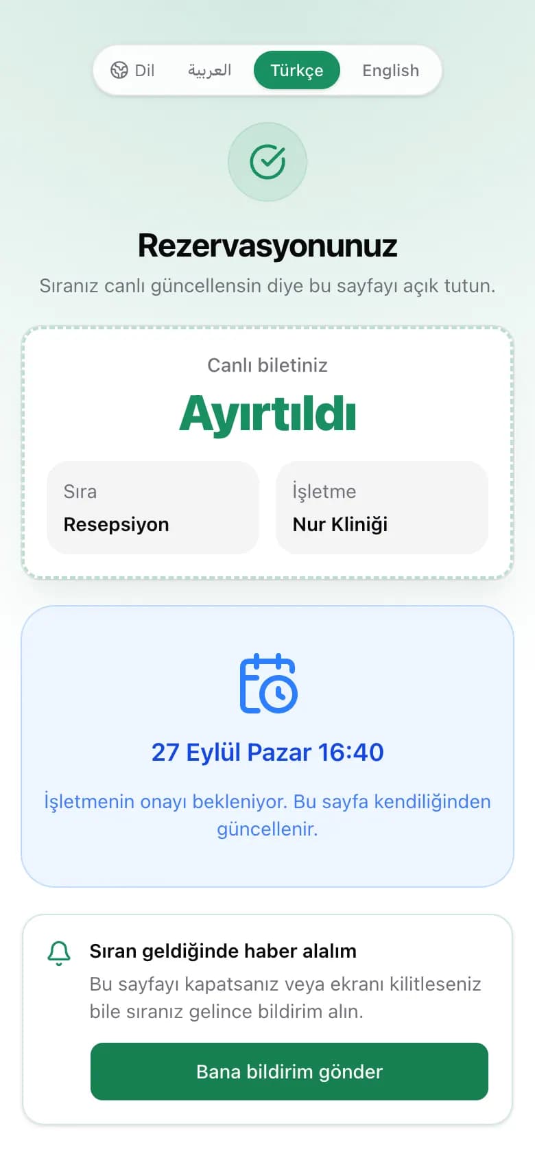 İşletmenin onayını bekleyen bir rezervasyon