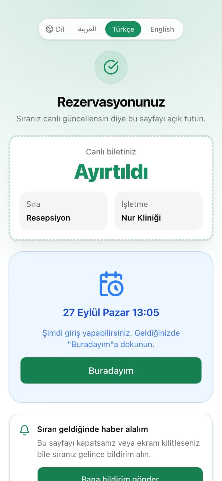 Buradayım düğmesiyle rezervasyon sayfası