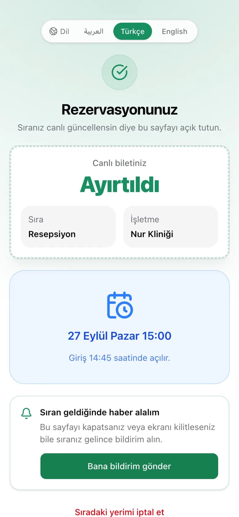 Girişin ne zaman açılacağını gösteren rezervasyon sayfası