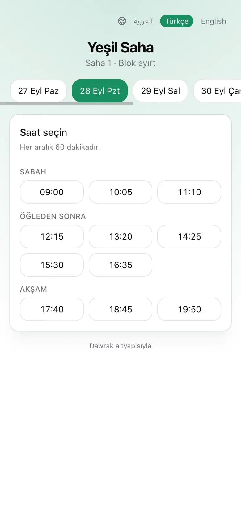 Bir saatlik bloklarla rezervasyon sayfası