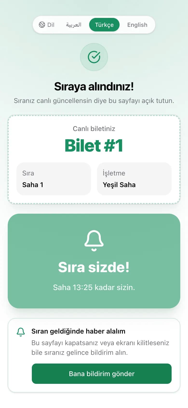 Sahanın belirli bir saate kadar sizin olduğunu gösteren bilet