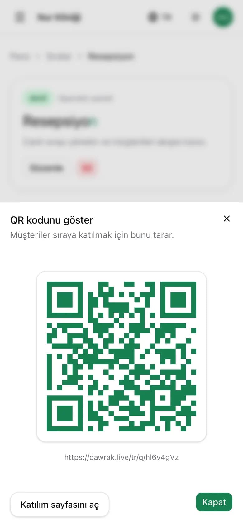 Telefonda QR kodu penceresi