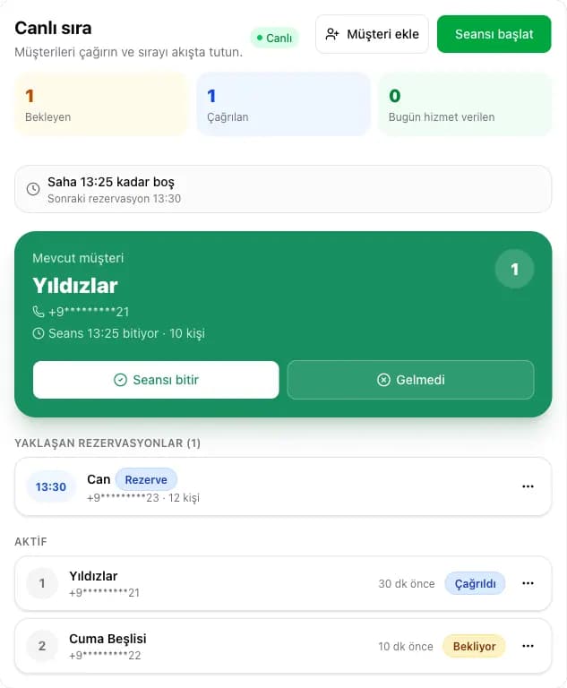 Boşluk şeridi ve süren bir seansla rezervasyon modunda canlı sıra