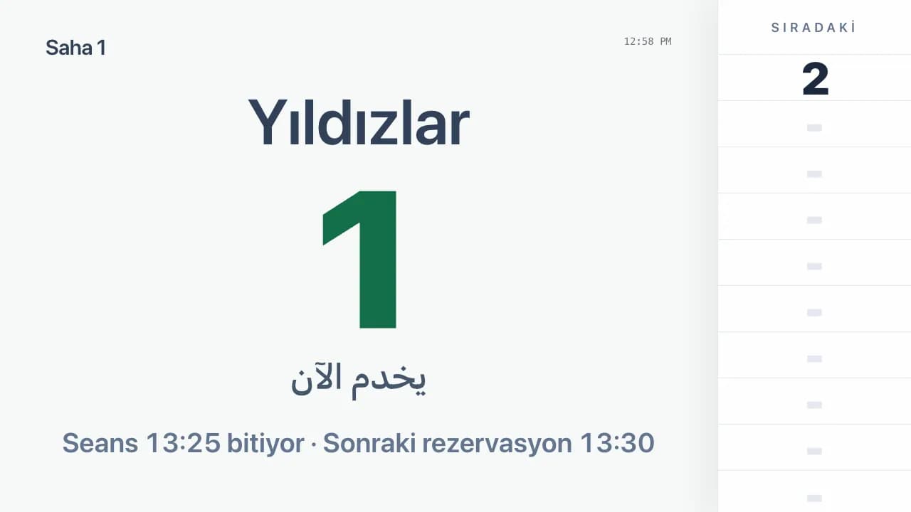 Seans bitişini ve sonraki rezervasyonu gösteren bekleme ekranı