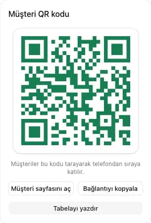 Açma, kopyalama ve yazdırma düğmeleriyle müşteri QR kodu kartı