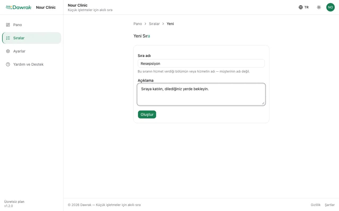 Ad ve açıklamayla yeni sıra formu