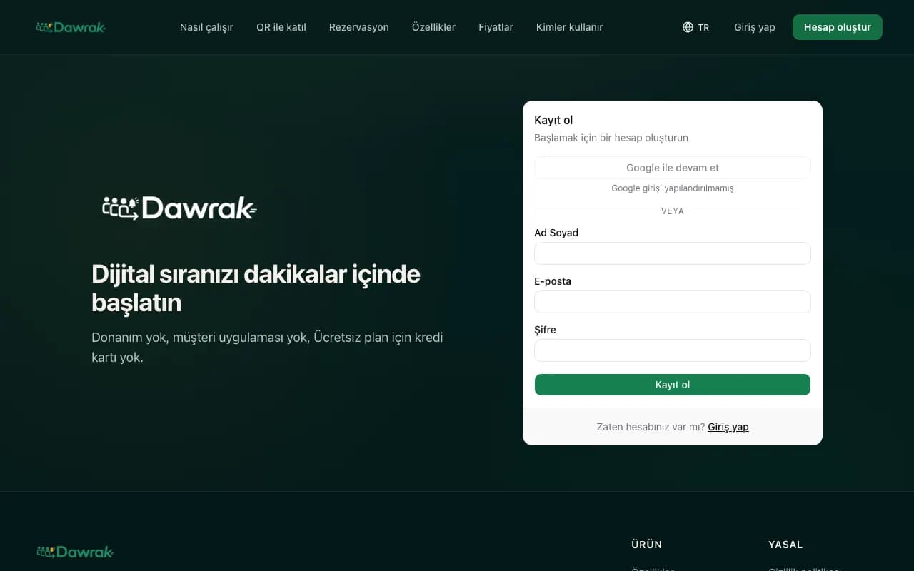 Ad, e-posta ve şifre alanlarıyla Dawrak kayıt sayfası