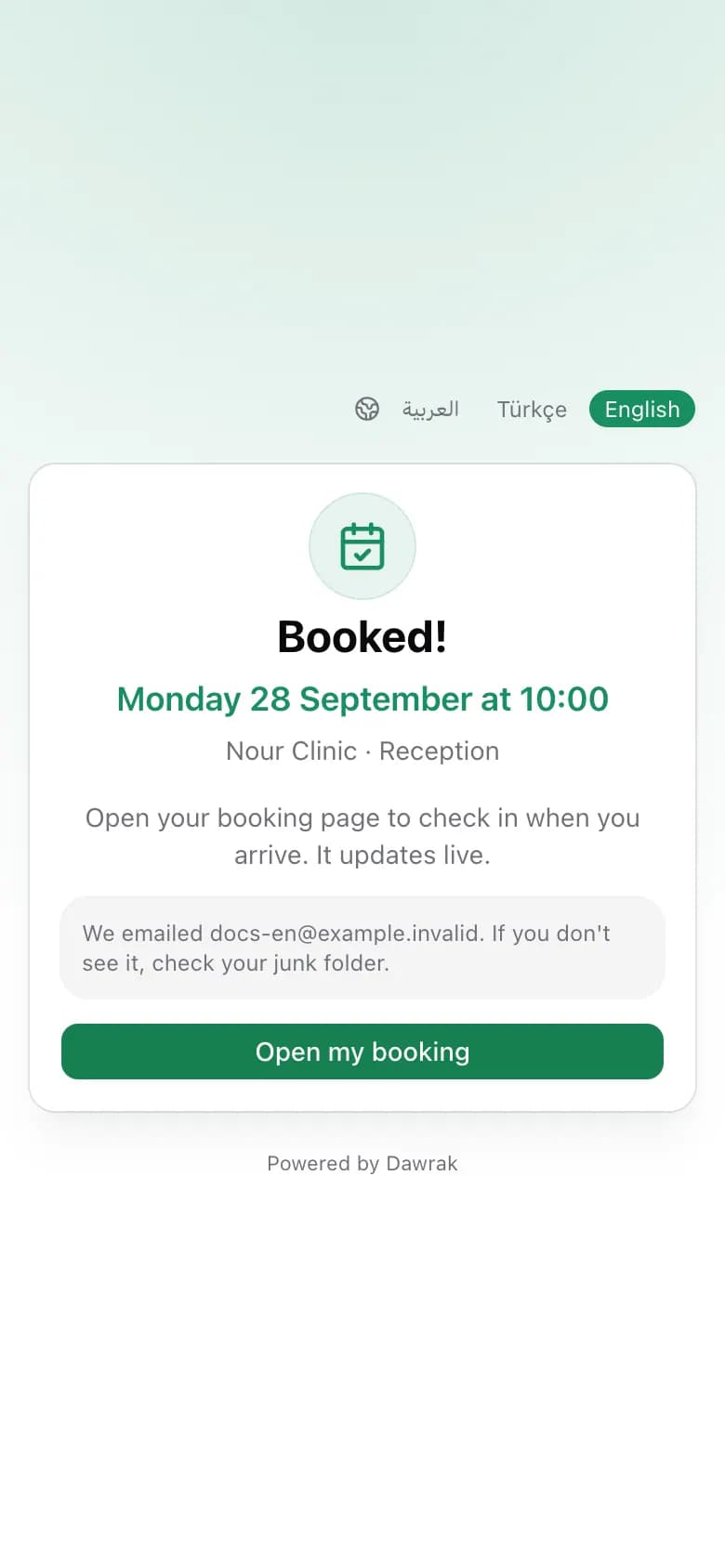 The booking confirmation screen