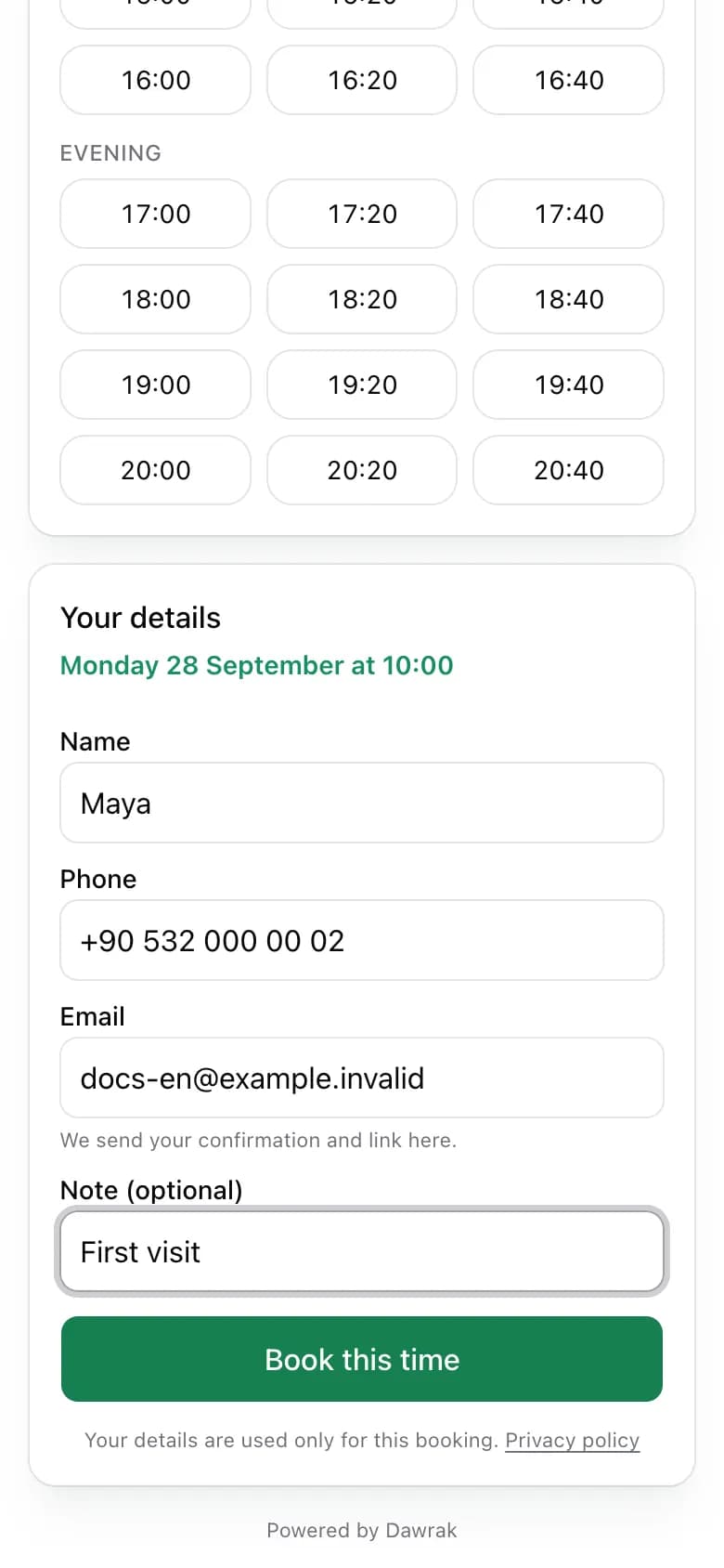 The booking form with name, phone, email, and note