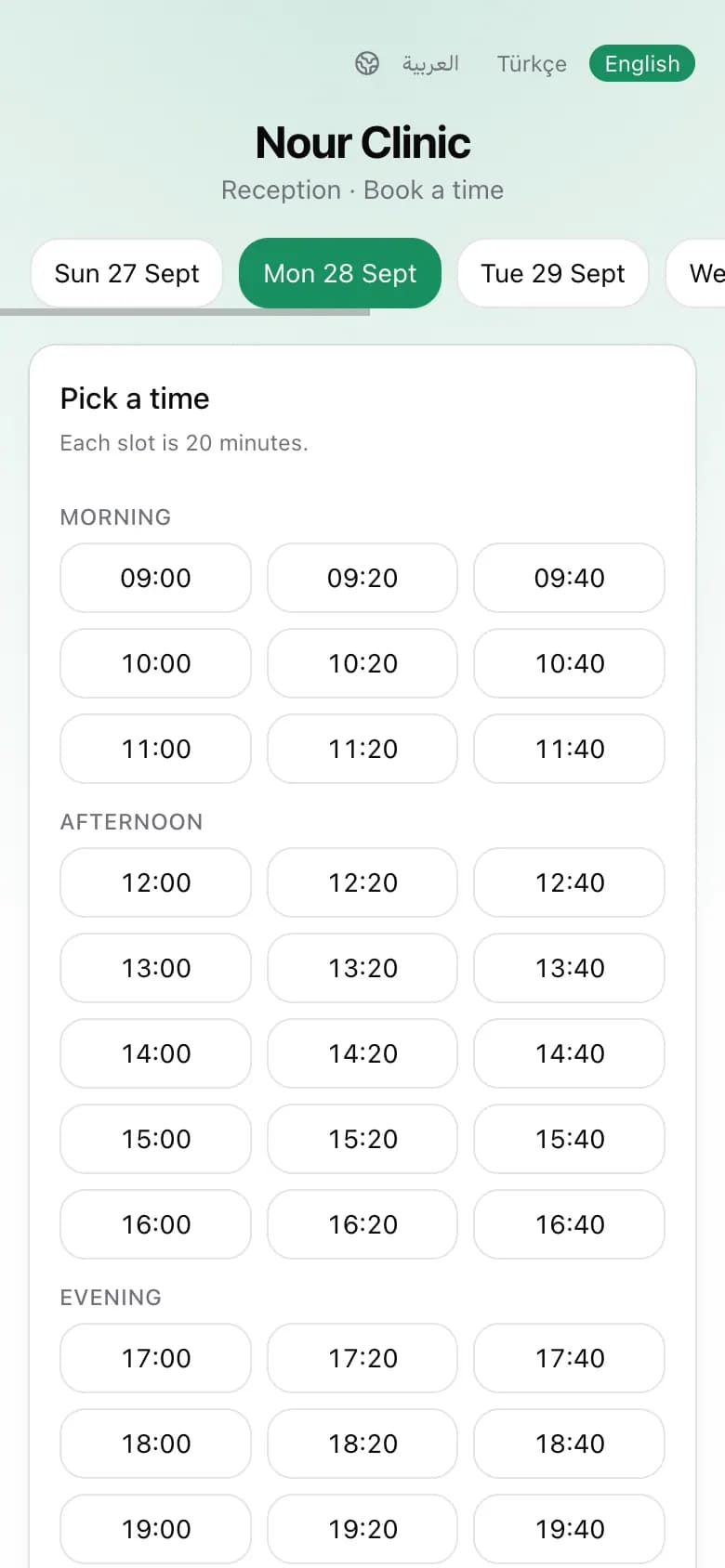 The booking page with day tabs and available times