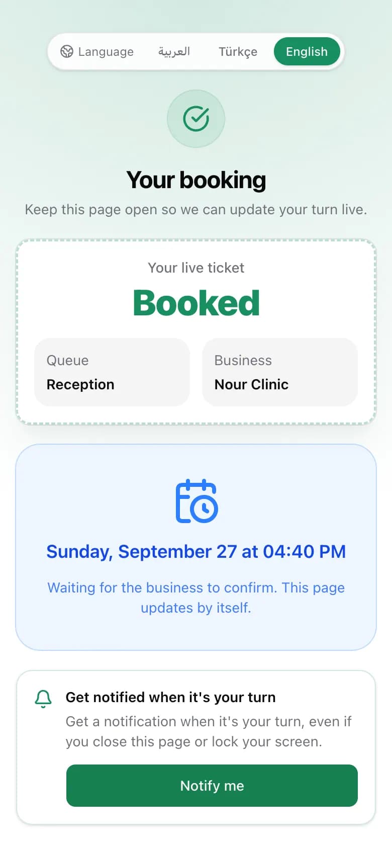 A booking waiting for the business to confirm